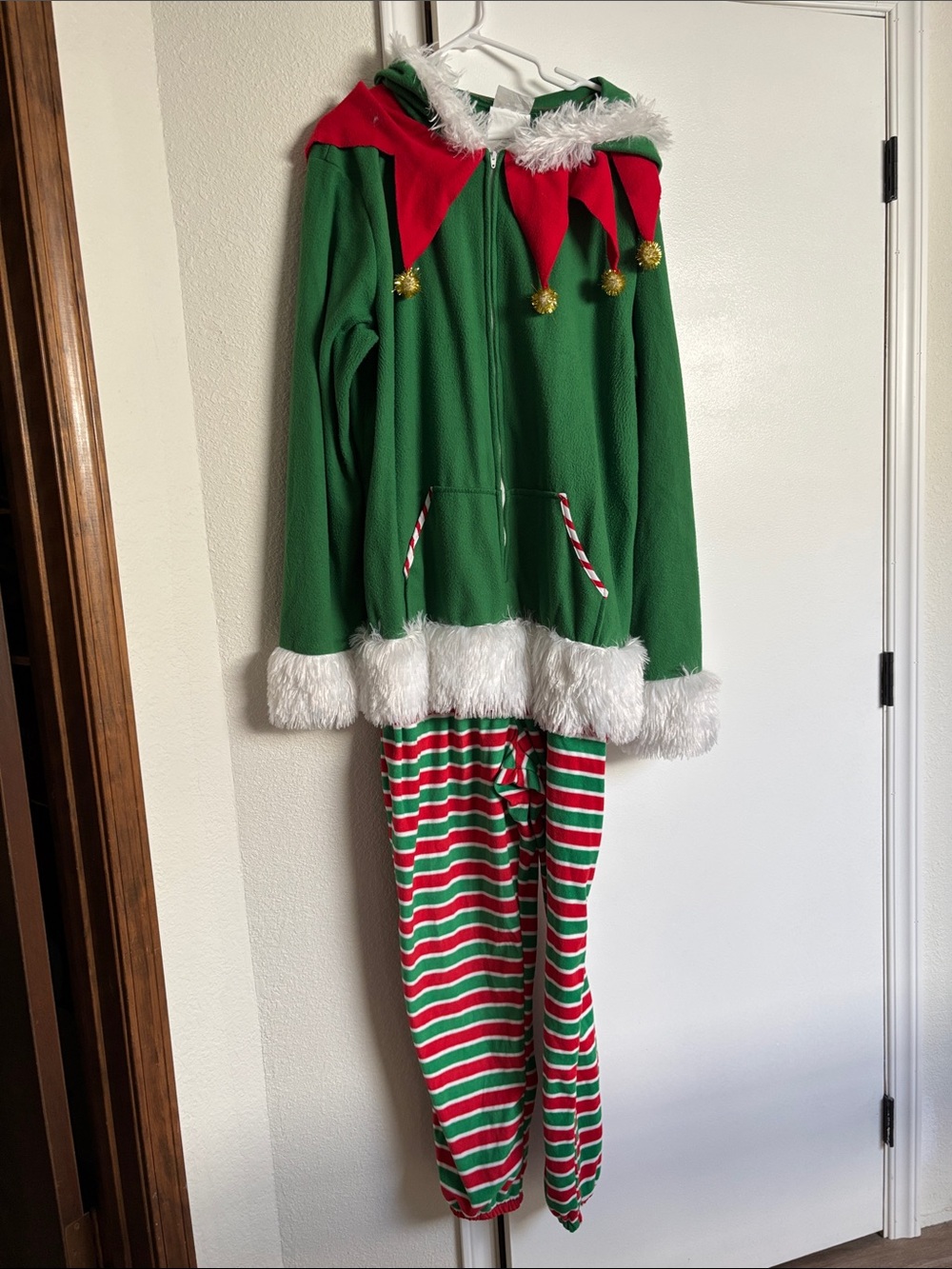 California Costumes Green & Red Elf Hoodie with White Faux Fur Trim